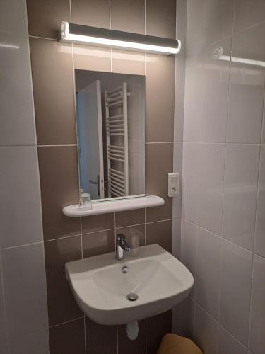 a bathroom with a sink and a mirror at Hôtellerie Abbaye Port du Salut in Entrammes