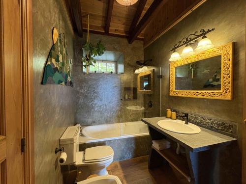 a bathroom with a toilet and a sink and a tub at Casa da Terra Alta in Santo Amaro