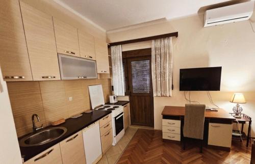 a large kitchen with a sink and a stove at Nexus Apartment in Podgorica