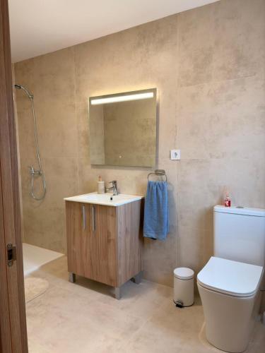 a bathroom with a sink and a toilet and a mirror at Cala Queralt Rooms in Sagunto