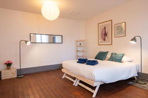 a bedroom with a large white bed with blue pillows at a charming little apartment in Cluny
