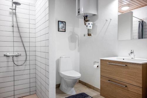 a bathroom with a toilet and a sink and a shower at LF12011-Spottrup-Vadumvej-1-E in Spottrup