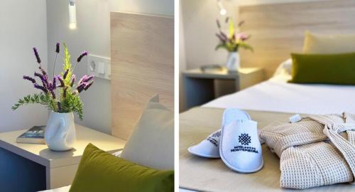 two pictures of a bedroom with a bed and a vase with flowers at Hotel Montepiedra 4''''sup in Playas de Orihuela