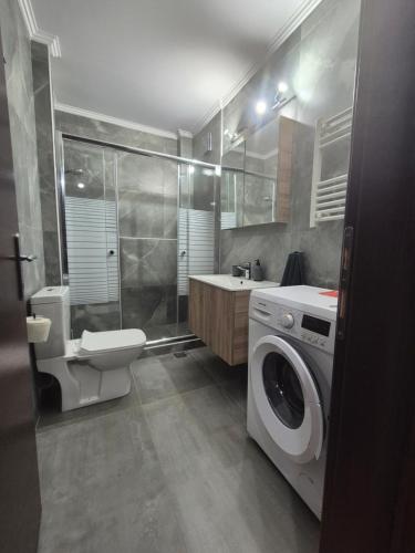 a bathroom with a washing machine and a toilet at Eretria Apartments FM14 in Eretria