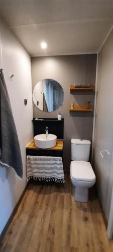 a bathroom with a sink and a toilet and a mirror at Campeggio Internazionale Frassanito in Otranto