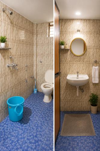 two pictures of a bathroom with a toilet and a sink at Samhen guest house in Majorda