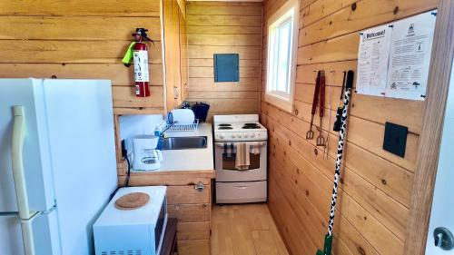 a small kitchen with a stove and a refrigerator at Blue Spruces Cottages in Hampton 