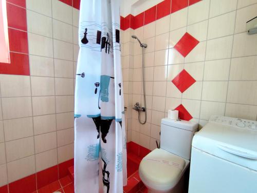 a bathroom with a toilet and a shower curtain at Villa Christine - Maisonettes with fireplace in Aliveri