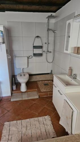 a bathroom with a toilet and a sink at Zinnia Vendégház in Nagyrada
