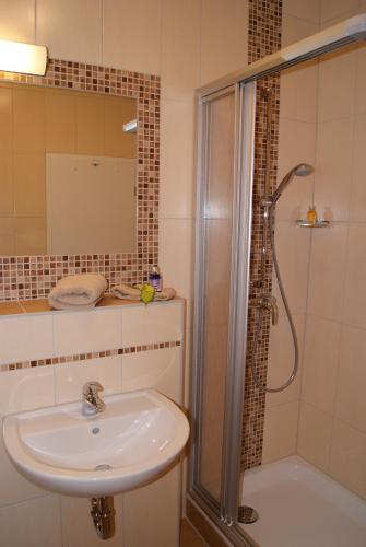 a bathroom with a sink and a shower at Apartment Romantik Flair in Prerow