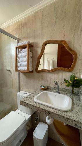 a bathroom with a sink and a toilet and a mirror at Chalé Brisa do Rio in Paulino Neves