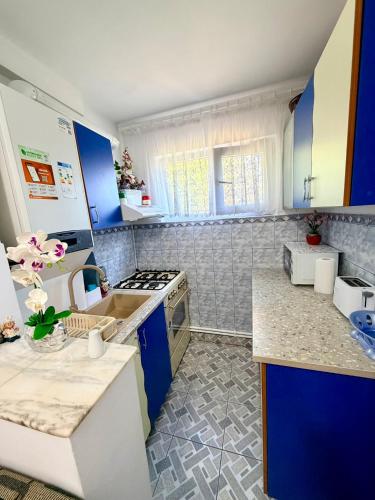 a kitchen with blue cabinets and a sink and a stove at Apartament Arys 2 in Neptun