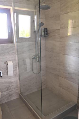 a bathroom with a shower with a glass door at Kiki house in Čačak