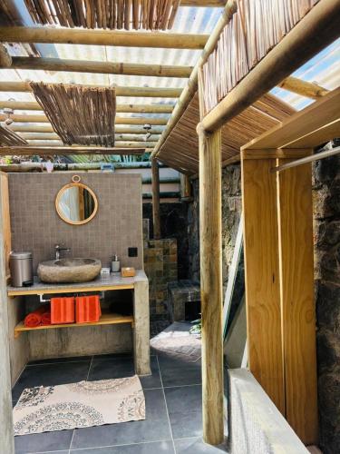 a bathroom with a sink and a mirror at Brahmanhut - Eco Hut experience in harmony with nature, wellbeing and spirit in Bain Boeuf