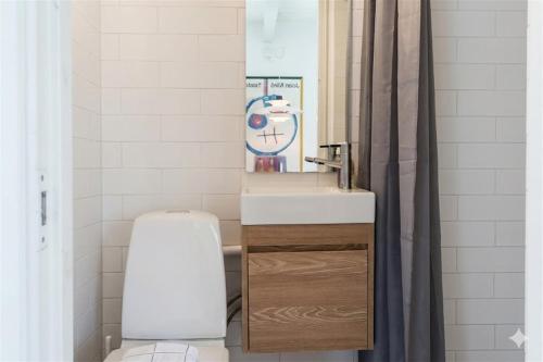 a bathroom with a sink and a toilet and a mirror at Gladeholm in Kivik