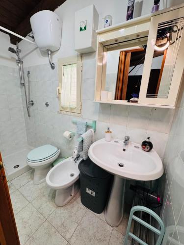 a bathroom with a sink and a toilet and a mirror at Lilly's House in Monteponi