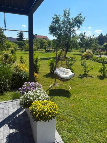 a garden with a bench and flowers in the grass at Opole Calm House in Opole
