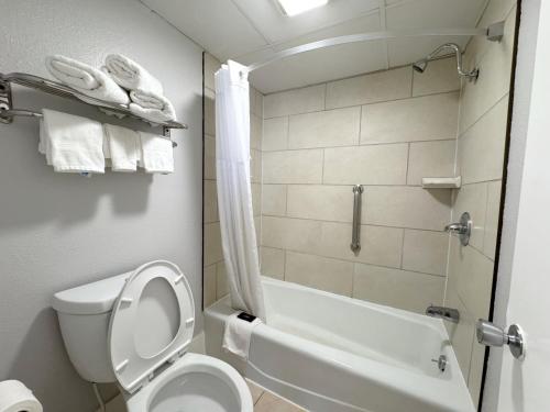 a bathroom with a toilet and a shower at Baymont by Wyndham Sevierville Pigeon Forge in Sevierville
