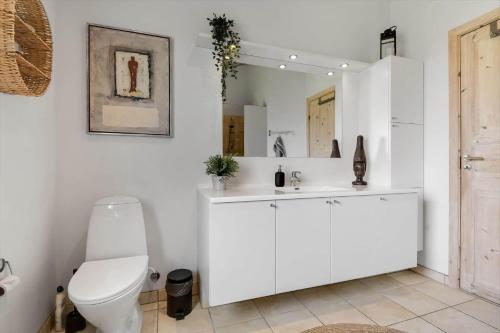 a white bathroom with a toilet and a mirror at C11333-Tarm-Laksestien-6 in Tarm