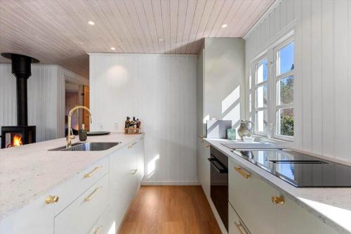 a kitchen with two sinks and a fireplace at 84300-Ebeltoft-Bogfinkevej-17 in Fuglslev