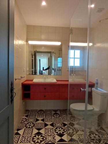 a bathroom with a toilet and a sink and a mirror at Typical Alentejo House in Mora
