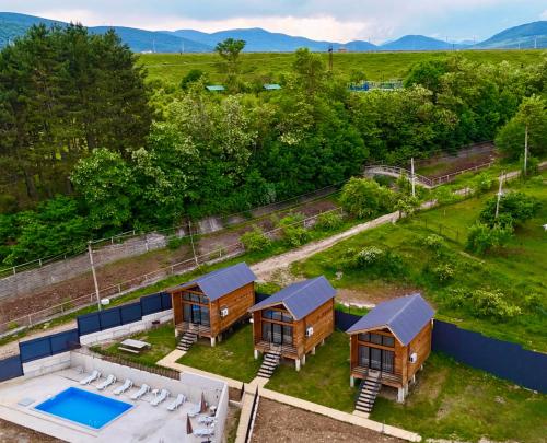 an aerial view of a house with a pool at Sioni Hillside Cottages in Sioni