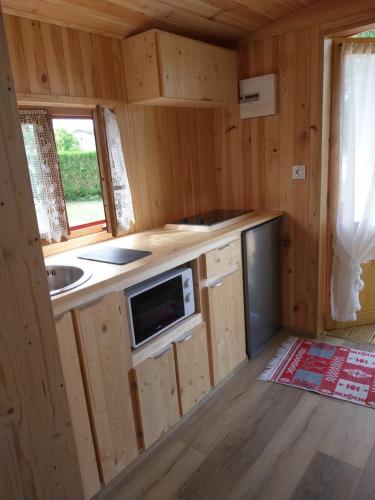a kitchen with a microwave and a sink in a cabin at La Roulotte de piégut in Piégut-Pluviers