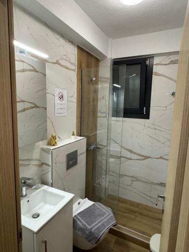 a bathroom with a shower and a sink and a toilet at Xenia's Resorts in Ofrínion