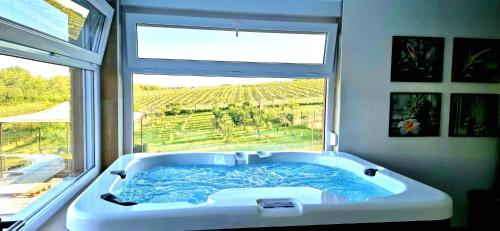 a large bath tub in a room with a window at Vinewood in Grabrovnik