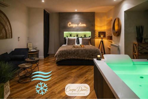 a bedroom with a bed and a living room at Le Carpe Diem - Détente & Bien-être - Balnéo, Sauna, CLIM, Terrasse, Parking privé in Dole