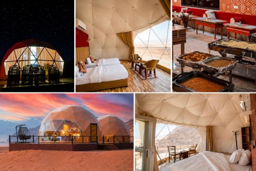a collage of pictures of a desert dome hotel at Camp in Wadi Rum in Maḩaţţat Dīsah