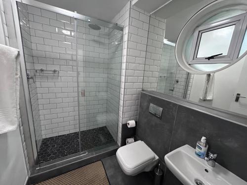 a bathroom with a shower and a toilet and a sink at Greenpoint Chic Studio Apartment in Cape Town