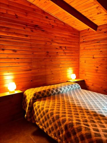 a bedroom with wooden walls and a bed with two lamps at La martina in Junín de los Andes