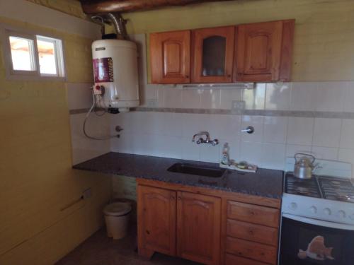 a small kitchen with a sink and a stove at Cabañas Mi Atardecer in Nono