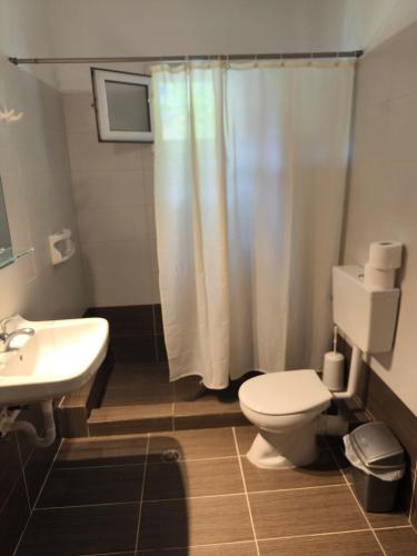 a bathroom with a white toilet and a sink at Newquay beach club in Kavos