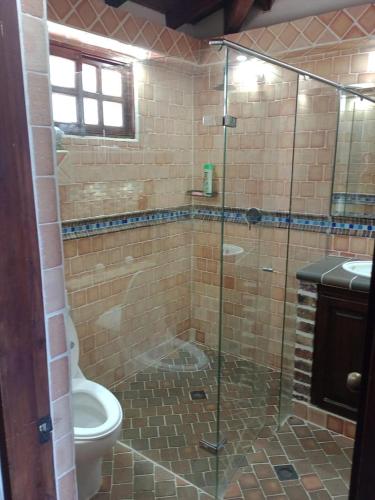 a bathroom with a glass shower with a toilet at Finca Los Pony Girardota Antioquia in Girardota