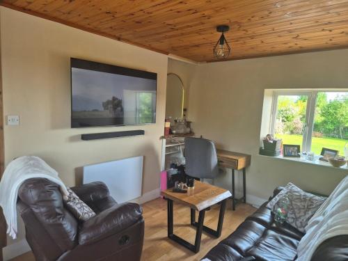 a living room with a couch and a tv at Cottage on the hill in Carlow
