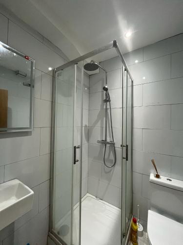 a shower with a glass door in a bathroom at Casa Azul in Plumstead