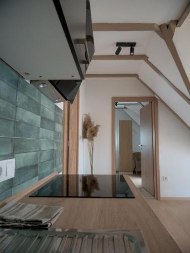 a room with a glass table and a hallway at Vadvirág Villa in Soltvadkert