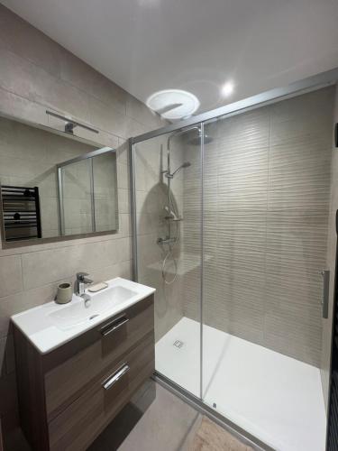 a bathroom with a glass shower and a sink at Les Loges de Sainte Anne in Saint-Michel-de-Maurienne