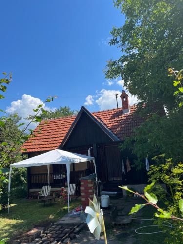 a house with a white tent and chairs in the yard at Ordinacija pod šljivom in Pirot