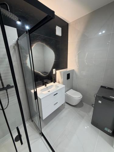 a bathroom with a toilet and a sink and a mirror at MC Residence Łomża in Łomża