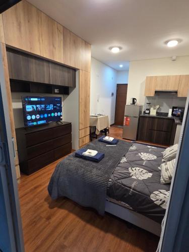a bedroom with a bed and a flat screen tv at Premium 21 Suites in La Paz