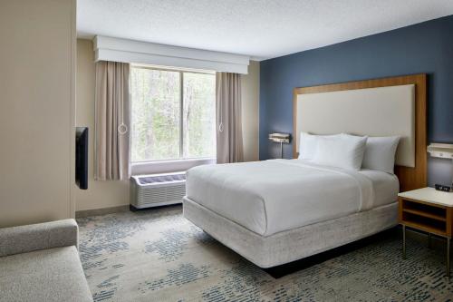 a hotel room with a bed and a window at SpringHill Suites by Marriott Atlanta Alpharetta in Alpharetta