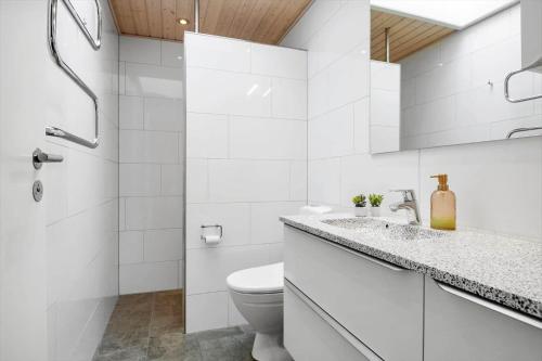 a white bathroom with a toilet and a sink at 30472-Odder-Ravnsager-20 in Dyngby
