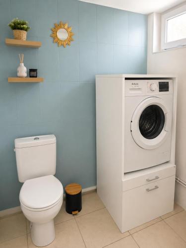 a bathroom with a toilet and a washing machine at Résidence d'Emilie in Luxeuil-les-Bains
