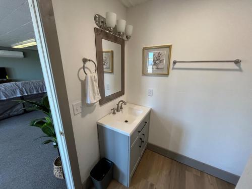 a bathroom with a sink and a mirror at House # 9 in Las Vegas