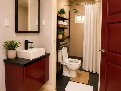 a bathroom with a toilet and a sink and a mirror at DOLFIJN STUDIOS Comfortable 1BR Apartment Fast WiFi AC North Paramaribo in Paramaribo
