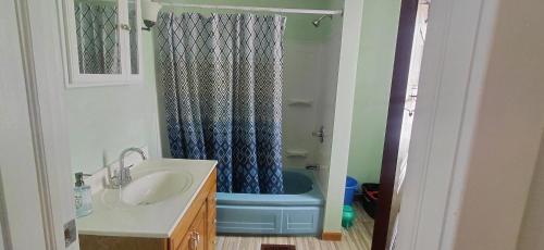 a bathroom with a sink and a shower with a tub at Eagle's Hub Niagara ny in Niagara Falls