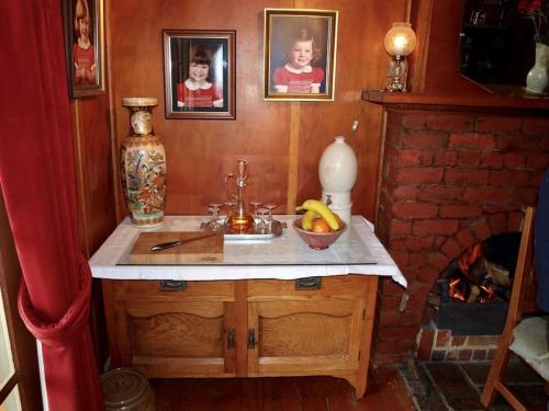 a kitchen with a counter with a sink and a fireplace at Manderley Park Farmstay B&B in Buln Buln